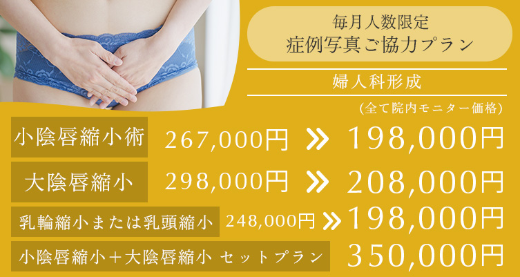 毎月人数限定 症例写真ご協力プラン 婦人科形成 小陰唇縮小術 267,000円→198,000円、大陰唇縮小 298,000円→208,000円、乳輪縮小または乳頭縮小 248,000円→198,000円、小陰唇縮小術+大陰唇縮小セットプラン 350,000円